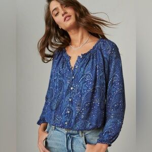 Lucky Brand Boho Blue Paisley Bubble Hem Peasant Blouse size Medium